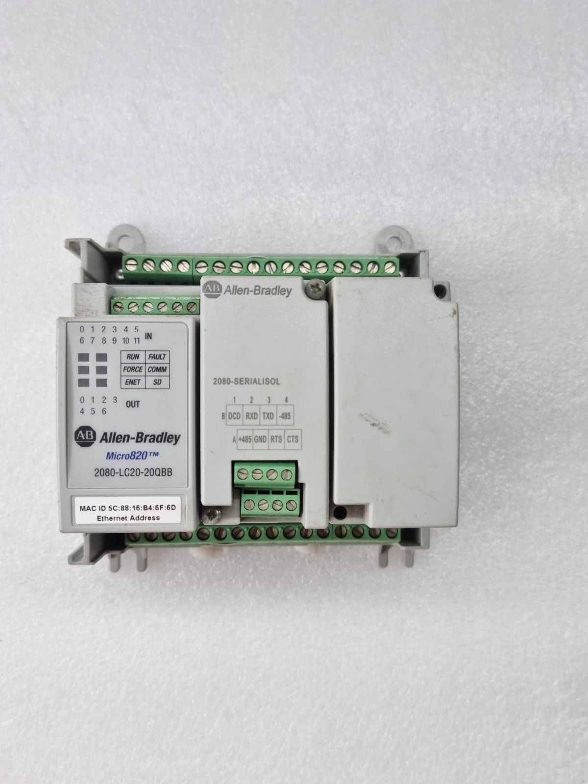 ALLEN BRADLEY MICRO820 2080-LC20-20QBB ETHERNET IP WITH 2080-SERIALISOL MODULE